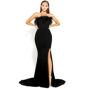 Portia + Scarlett Formal Feather Trimmed Dress with Slit Black Gown Size 10